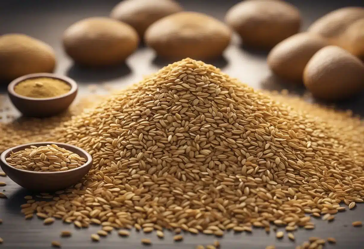 Flaxseeds surrounded by a halo of potential side effects and benefits, with a scale tipping in favor of the benefits