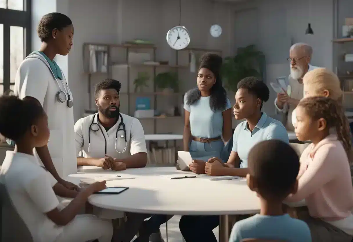 A diverse group discusses blood pressure management in a supportive environment, surrounded by educational resources and tools