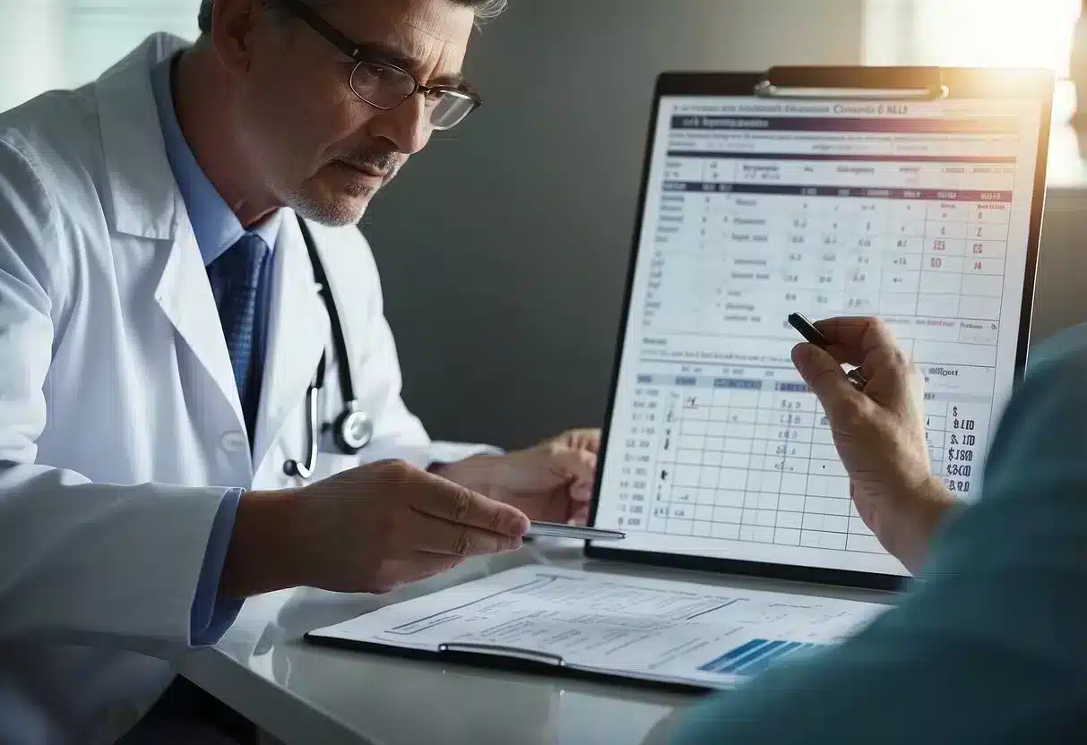 A doctor explaining cholesterol levels to a patient, with a chart showing healthy and unhealthy ranges