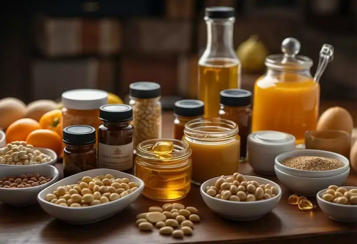 A table with various cholesterol-lowering foods and supplements, surrounded by medical equipment and literature