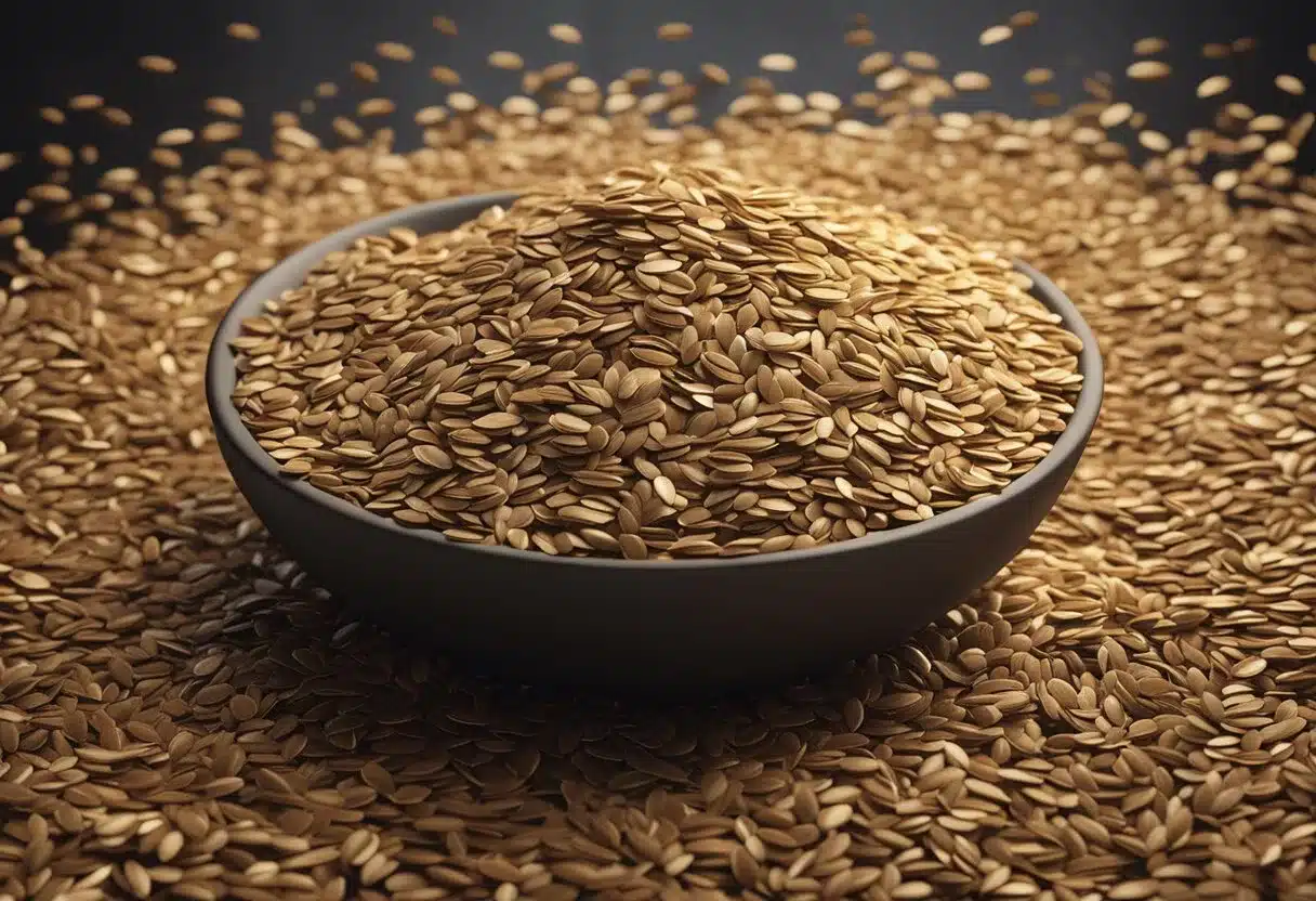 A pile of flaxseeds surrounded by text bubbles with "Benefits of flaxseeds" written on them