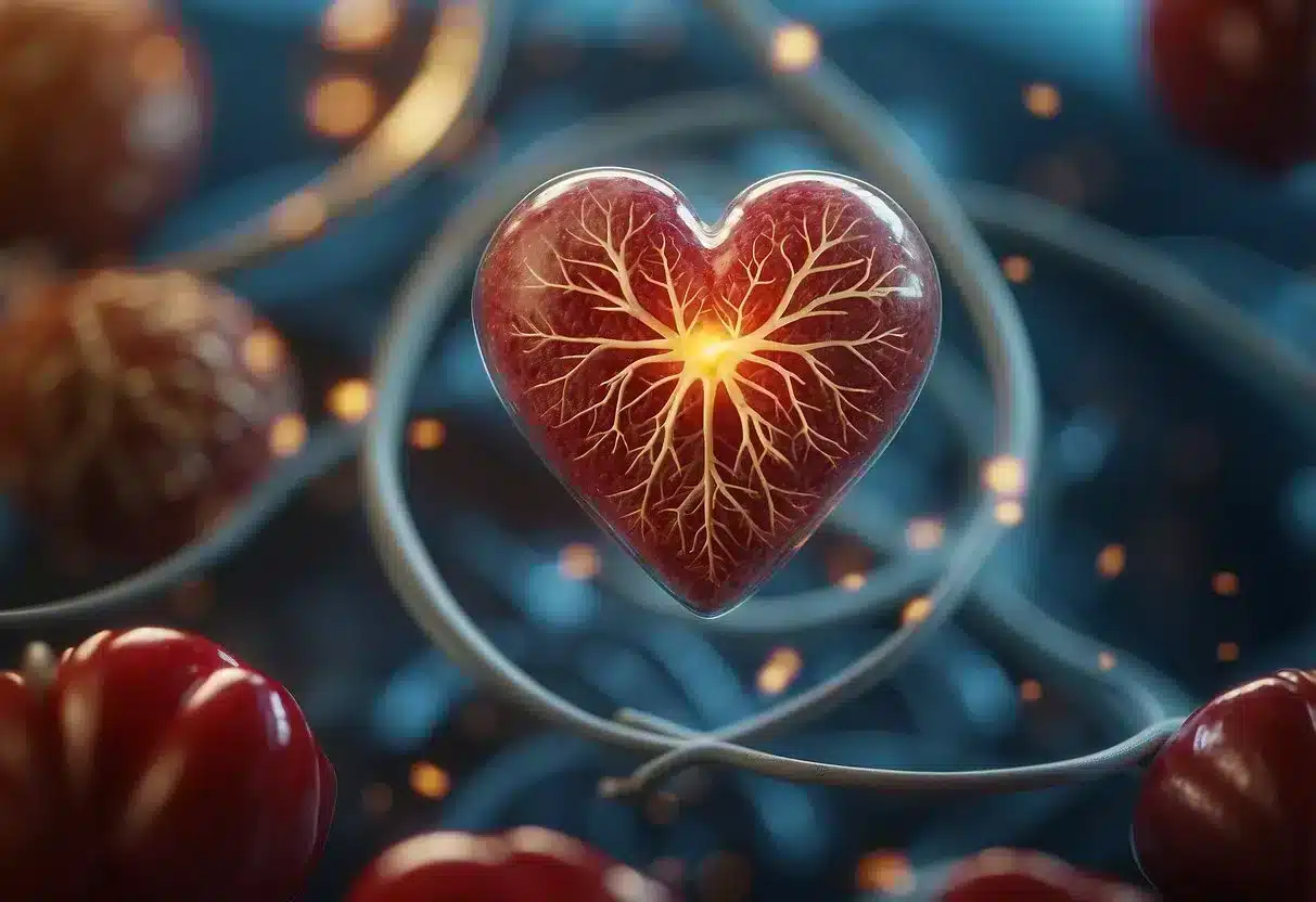 A heart surrounded by clogged arteries, with a warning sign and a healthy diet in the background