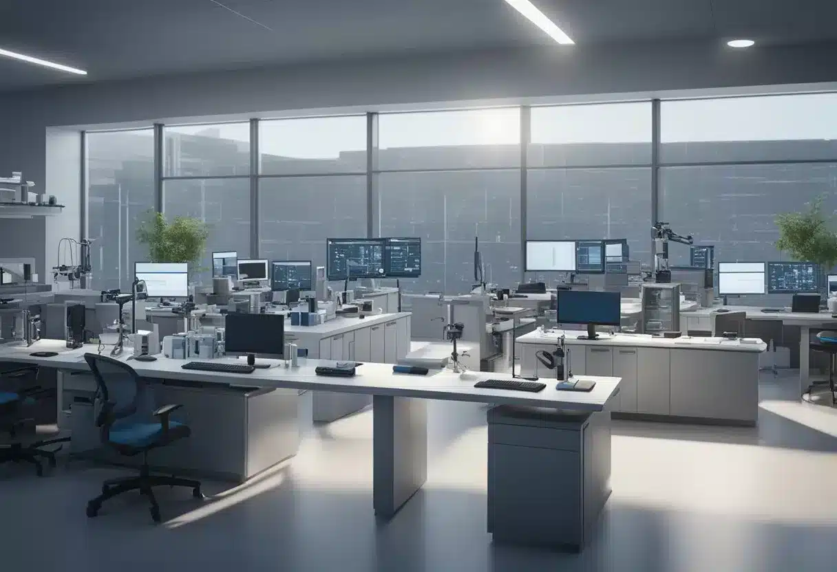 Atherosclerosis research lab with scientists, microscopes, and data analysis equipment