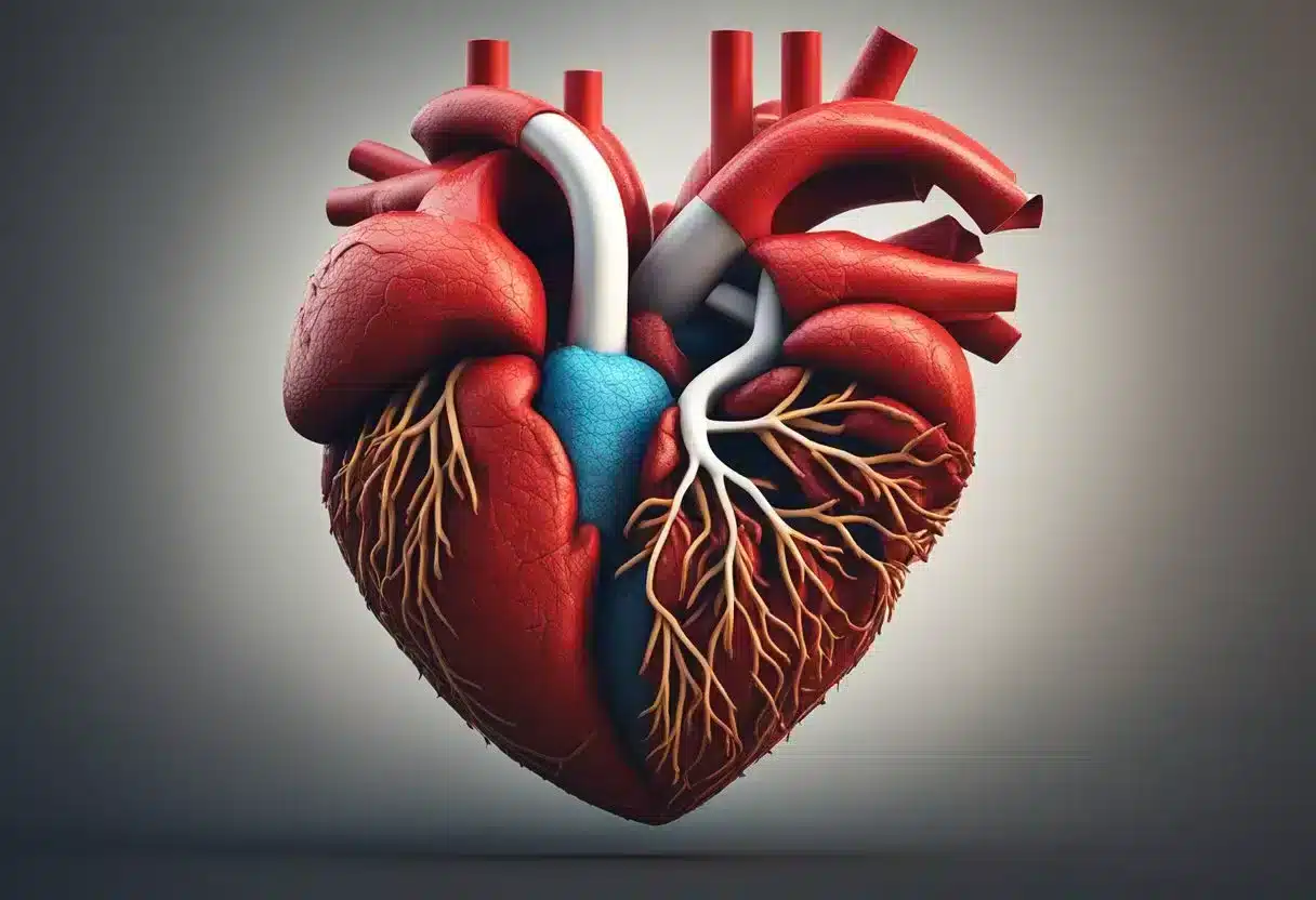 A cigarette surrounded by a red, inflamed heart with blocked arteries. Smoke billowing around the heart, illustrating the link between smoking and cardiovascular disease