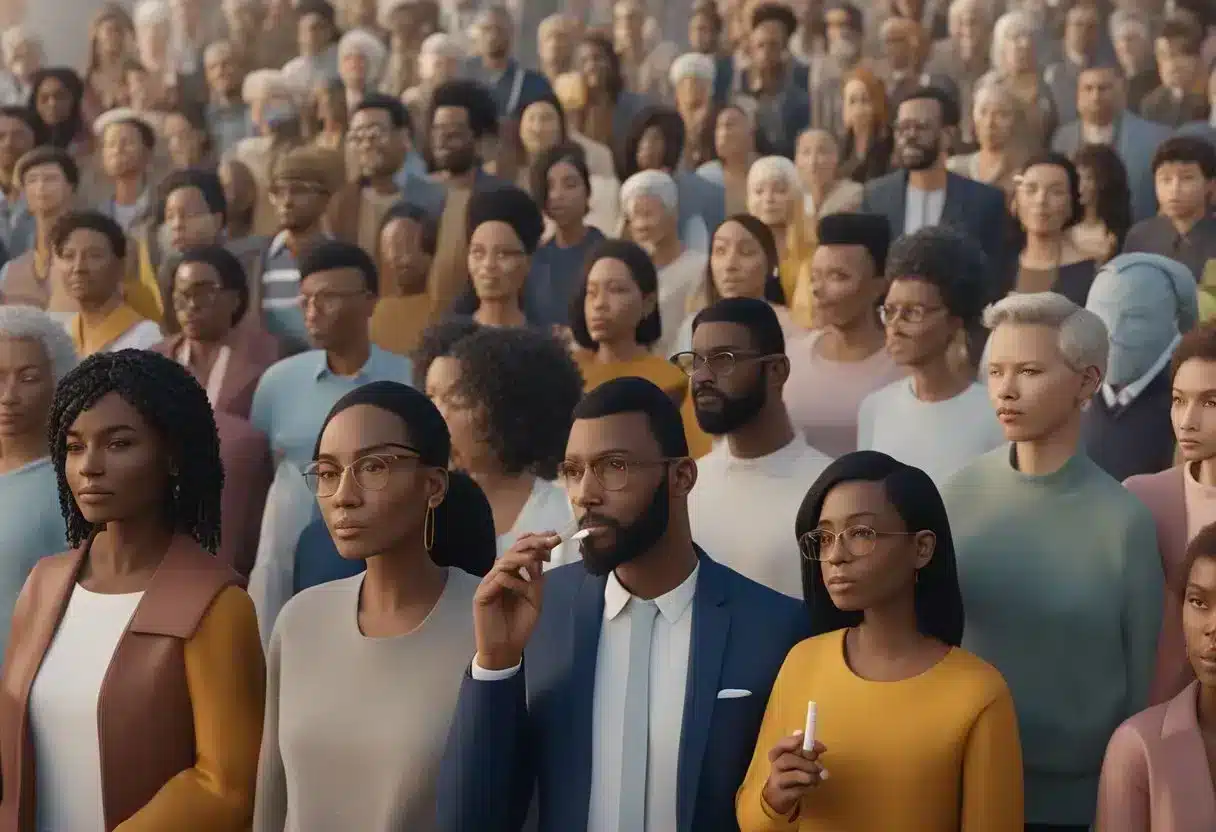 A group of diverse individuals, including both men and women of varying ages and ethnicities, are engaged in smoking cigarettes. The focus is on the negative impact of smoking on cardiovascular health