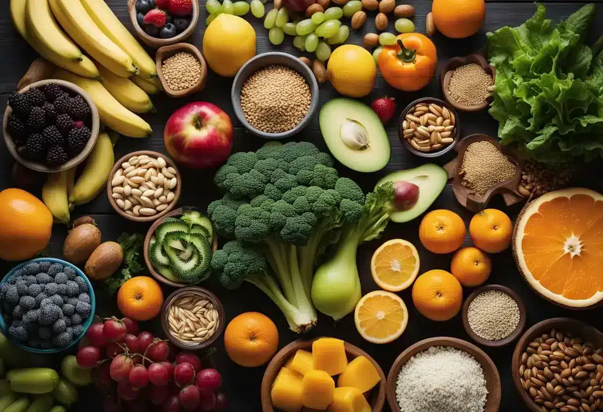 A table filled with colorful fruits, vegetables, whole grains, and lean proteins, with a focus on heart-healthy nutrients like omega-3 fatty acids and fiber