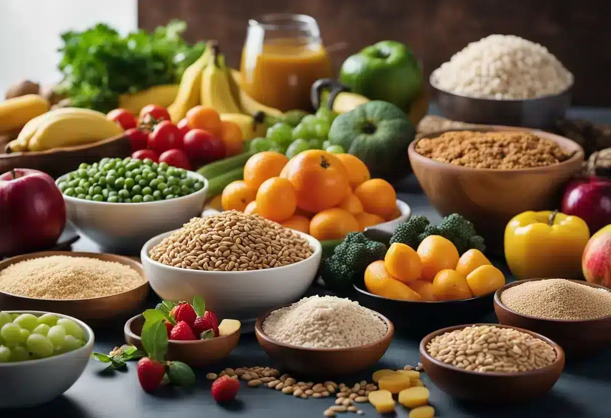 A colorful array of fruits, vegetables, whole grains, and lean proteins arranged on a table, surrounded by cooking utensils and recipe books