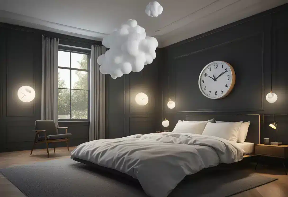 A clock ticking loudly in a dark room, a person tossing and turning in bed, a thought bubble with z's floating above their head