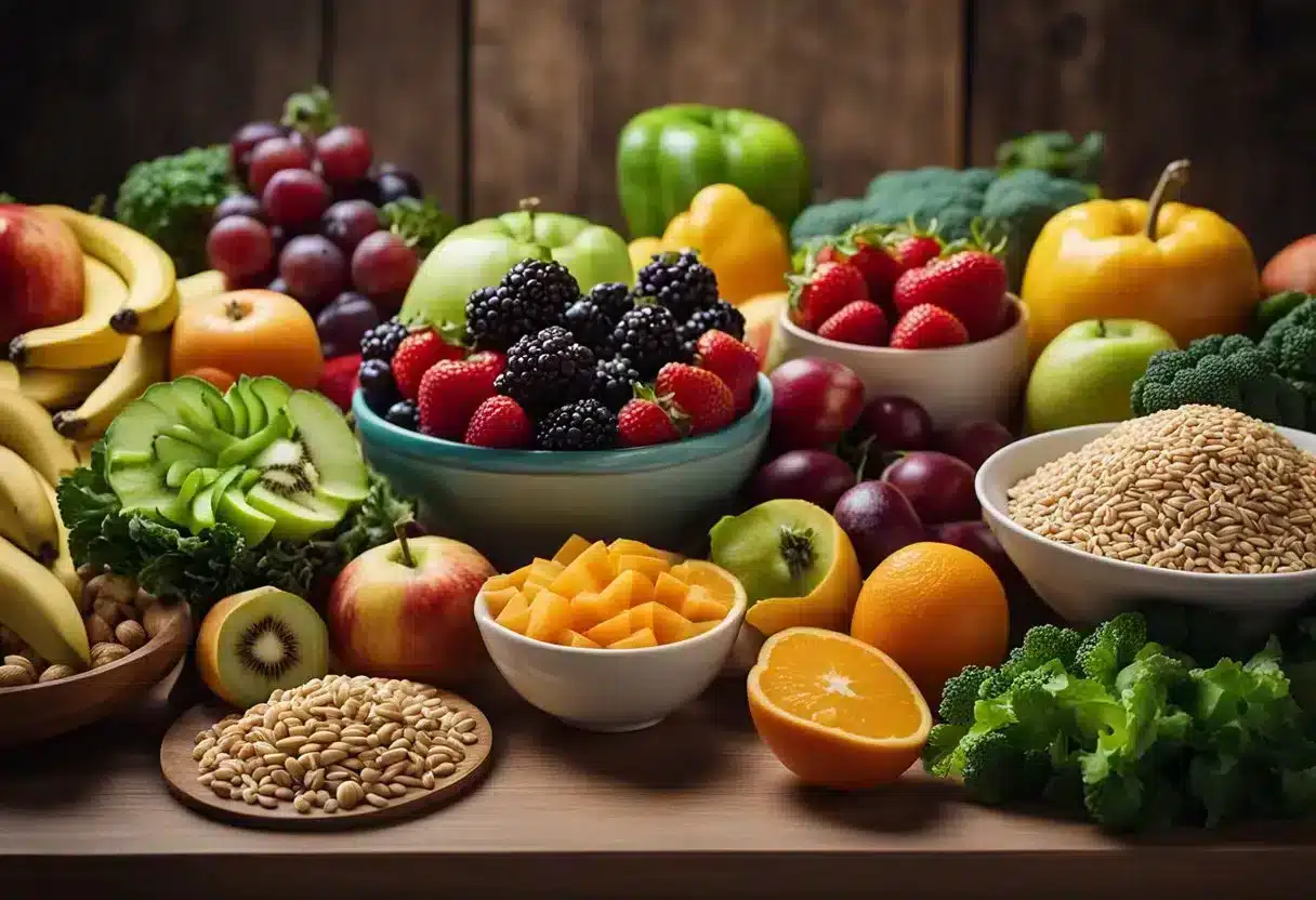 A table filled with colorful fruits, vegetables, whole grains, and lean proteins. A nutritionist offers advice on heart-healthy eating