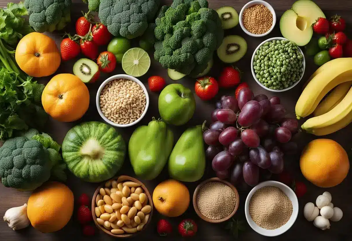 A colorful array of fresh fruits, vegetables, whole grains, and lean proteins arranged on a kitchen counter, with a cookbook open to heart-healthy recipes