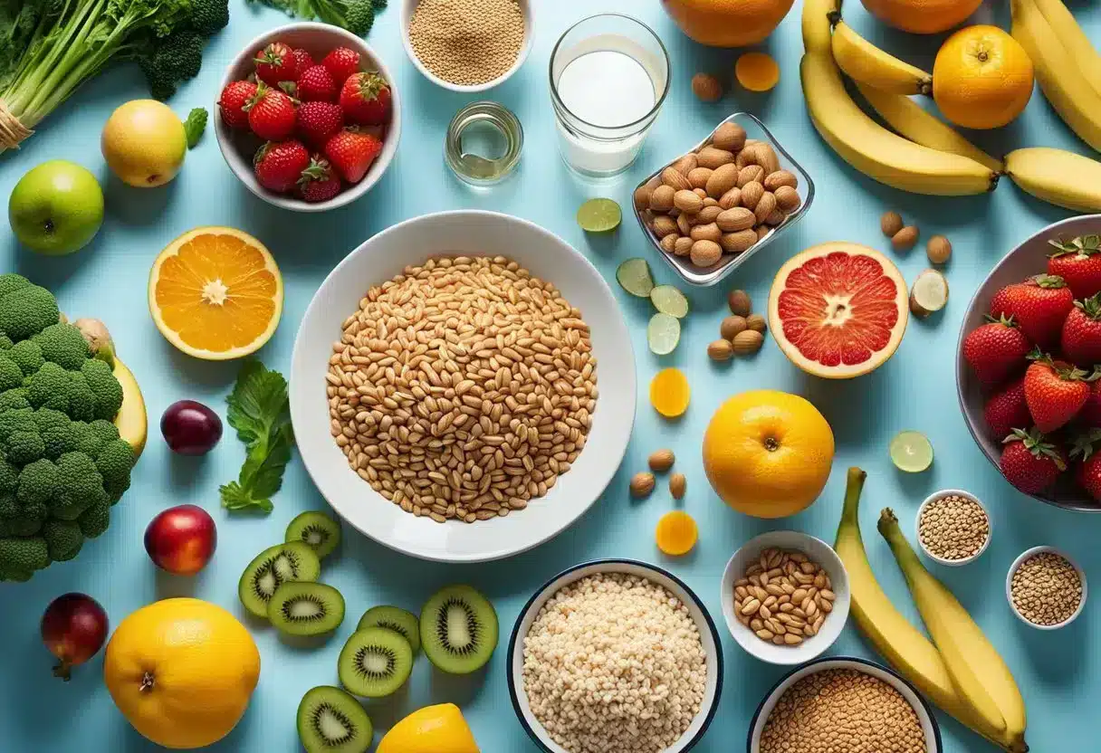 A colorful array of fruits, vegetables, whole grains, and lean proteins arranged on a table, with a glass of water and a measuring tape nearby