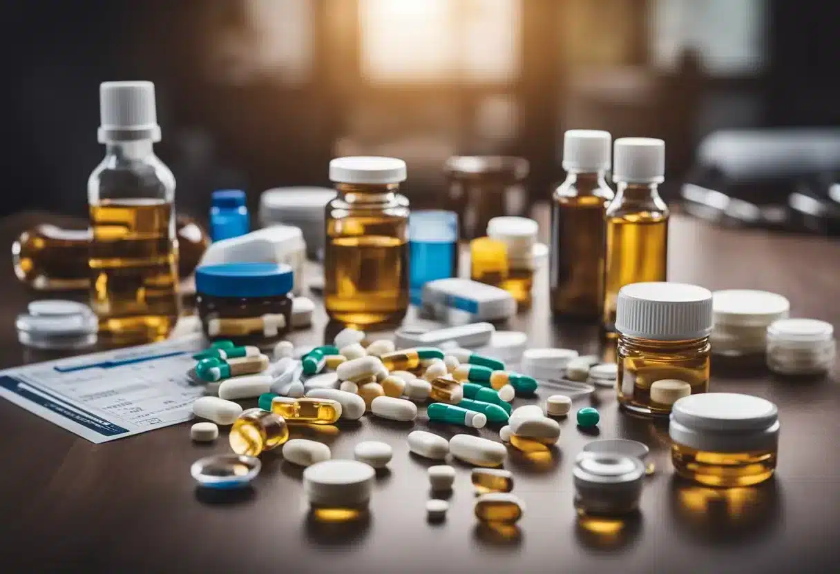A table with various medications for cardiovascular health, including pills, bottles, and syringes, surrounded by medical equipment and charts