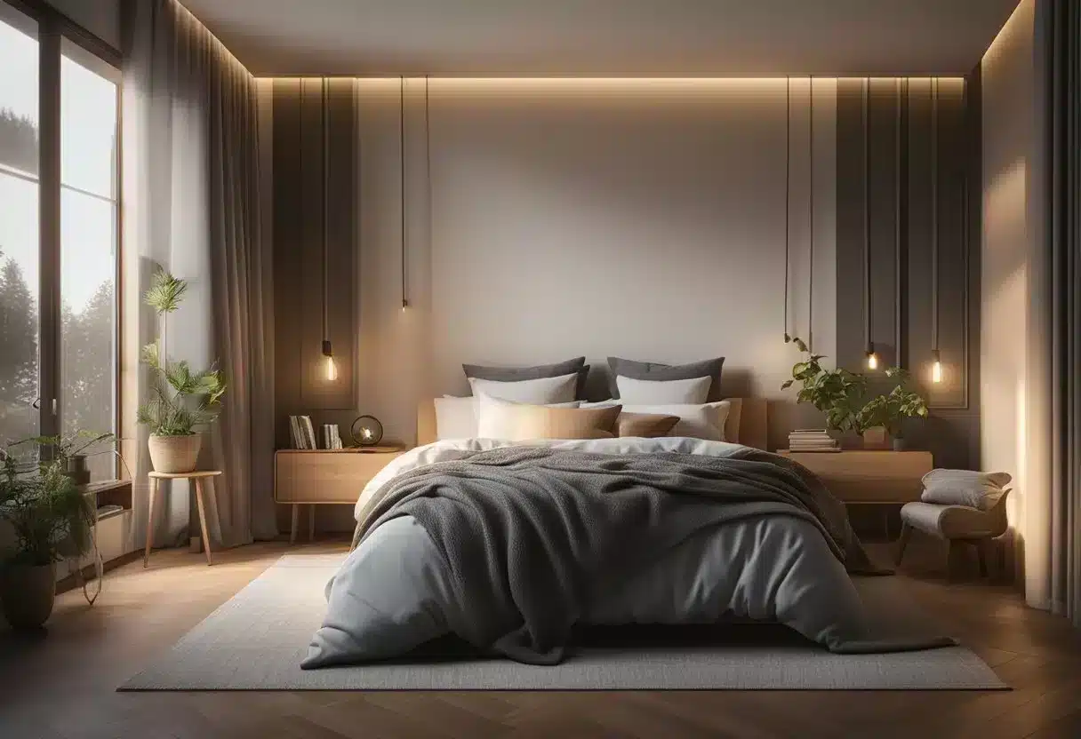 A cozy bedroom with dim lighting, a comfortable bed, soft pillows, and a warm blanket. A quiet and peaceful atmosphere with no distractions