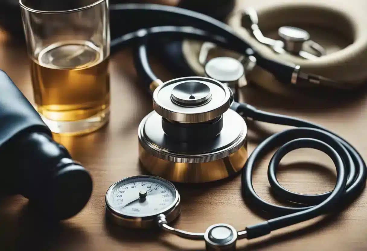 A table with a stethoscope, blood pressure cuff, and various medications for cardiovascular health