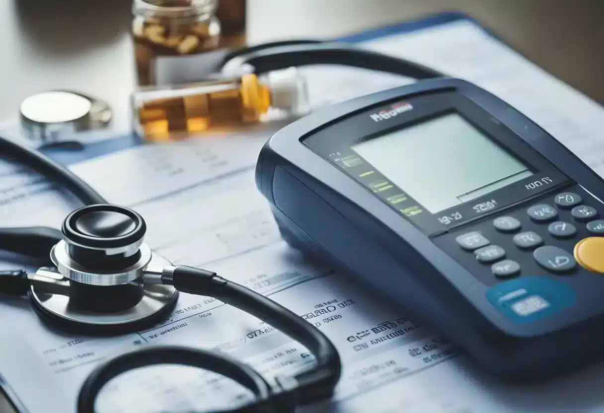 A table with various cardiovascular medications, a blood pressure monitor, and a clipboard with medication charts