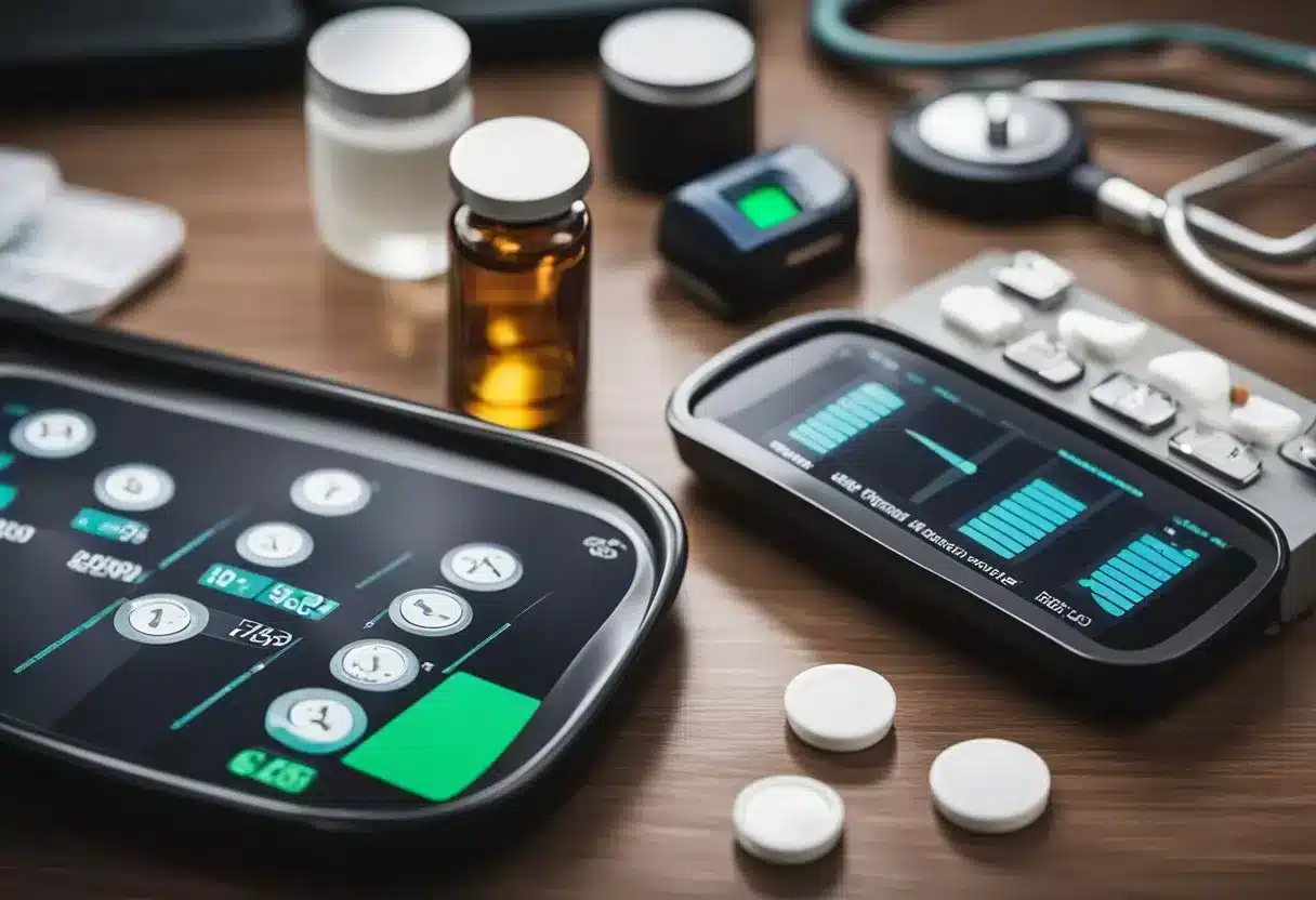 Various anticoagulation medications arranged on a medical tray with a stethoscope and heart rate monitor in the background