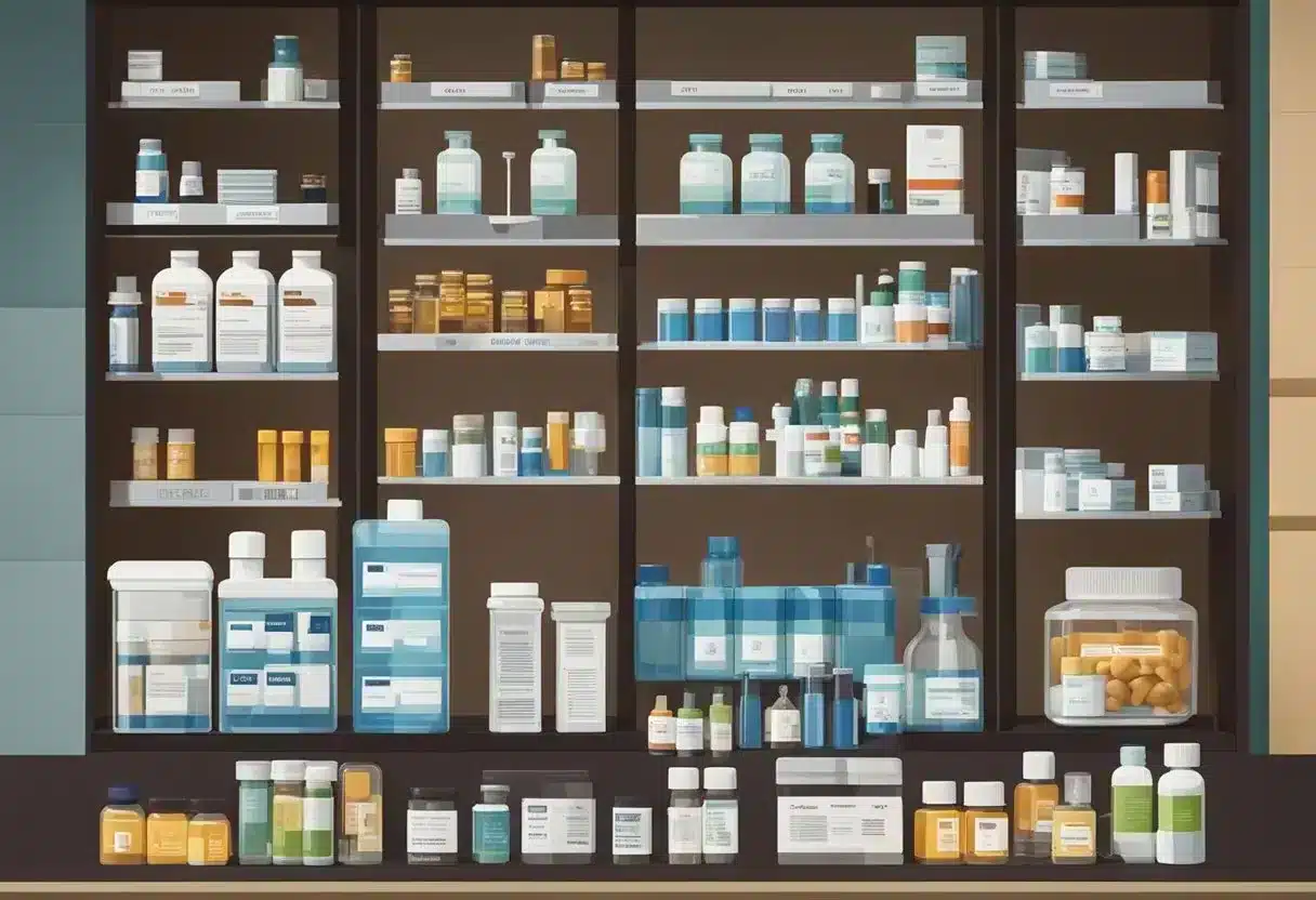 Various medications arranged on a pharmacy counter, including pills, vials, and syringes, with labels indicating their use for cardiovascular health