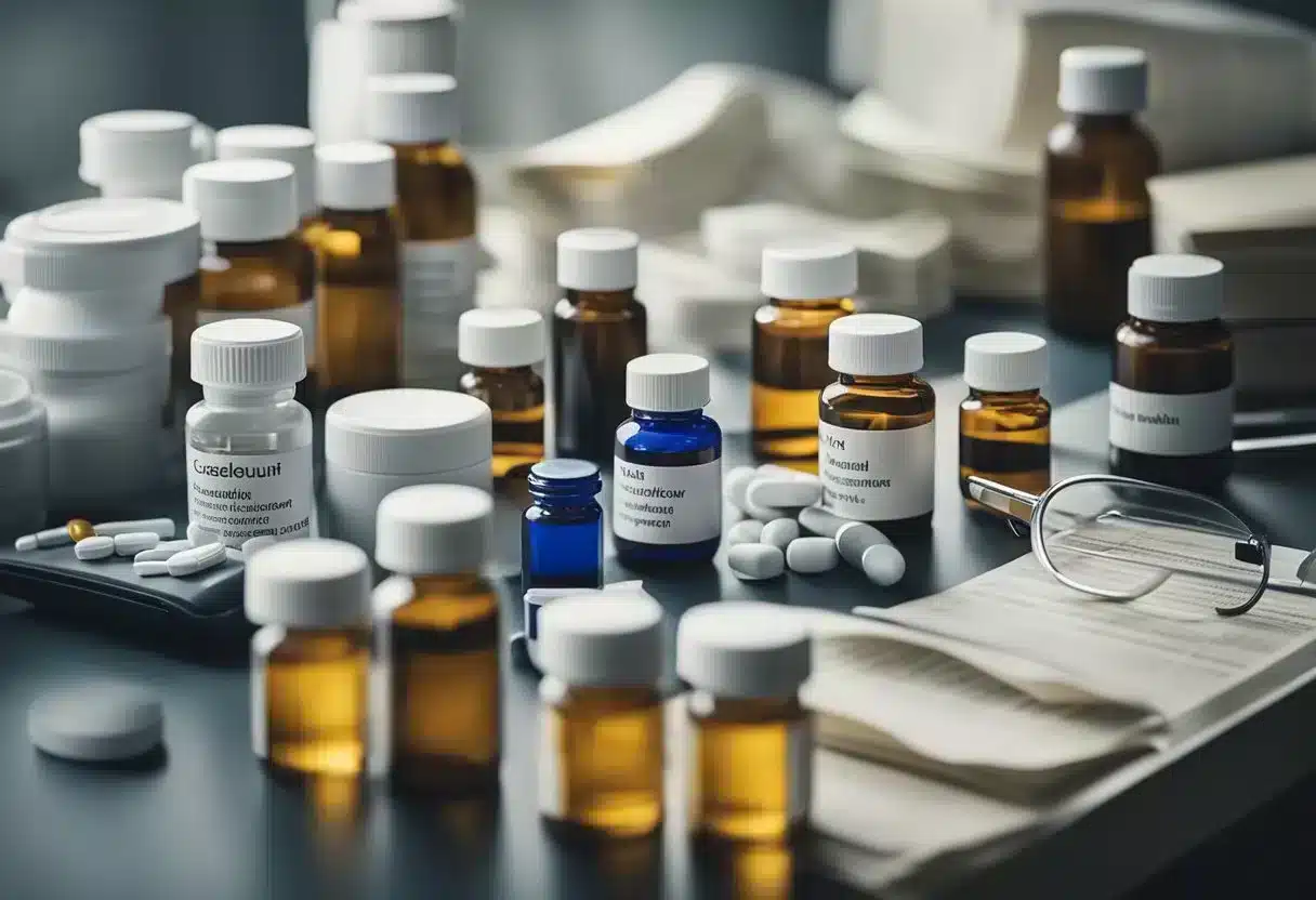 A table with various medications labeled for cardiovascular health, surrounded by medical equipment and literature