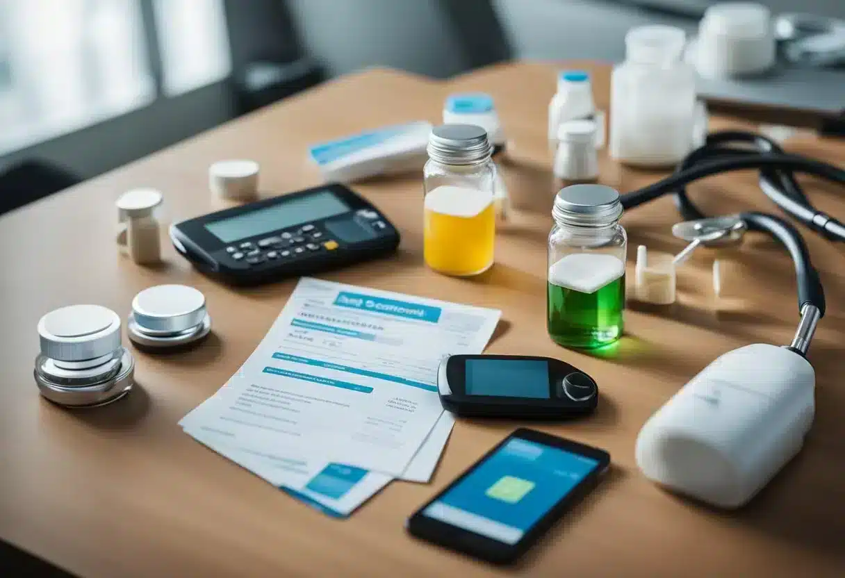 A table with various medication bottles and pamphlets, a stethoscope, and a heart rate monitor, all related to cardiovascular health