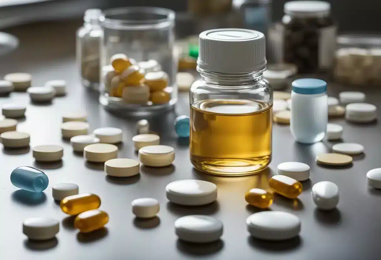 Various pills, capsules, and tablets scattered on a countertop, with a prescription bottle and a glass of water nearby