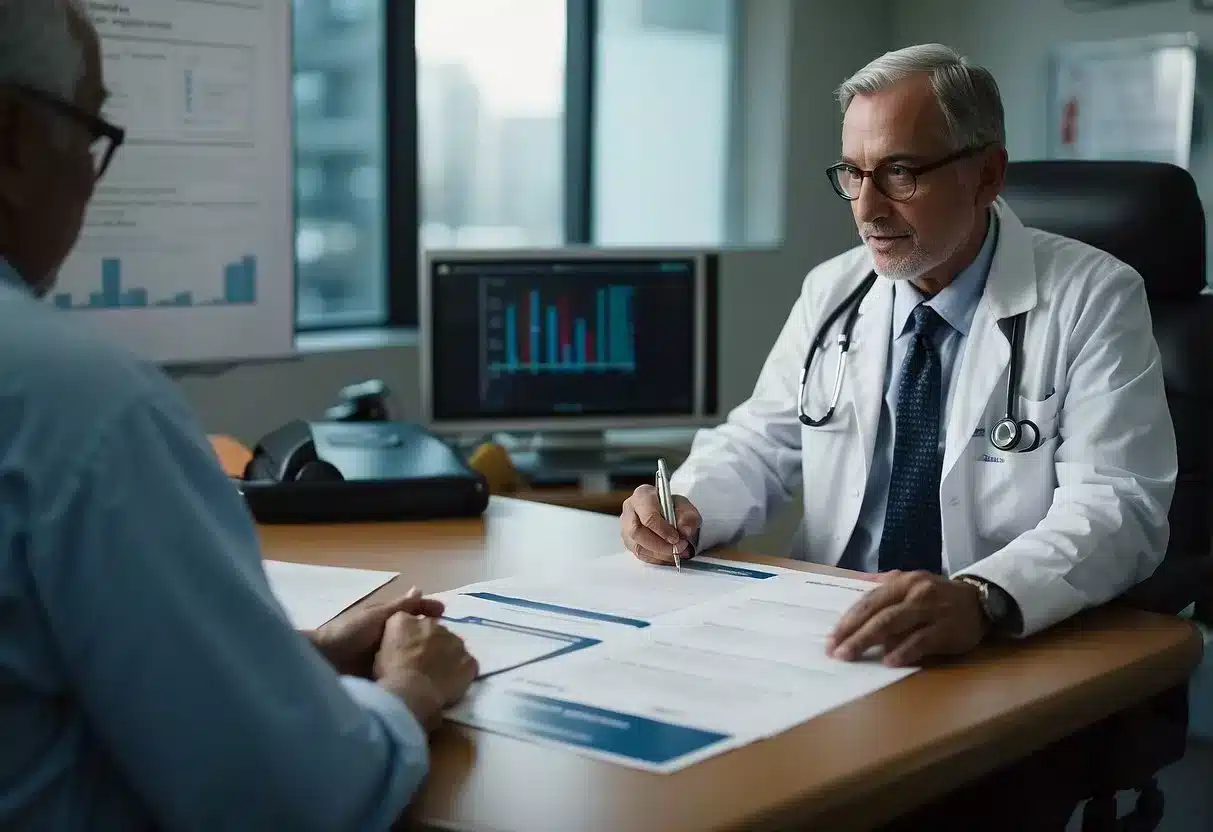 A person with diabetes and heart disease sits in a doctor's office, surrounded by medical charts and a concerned healthcare professional
