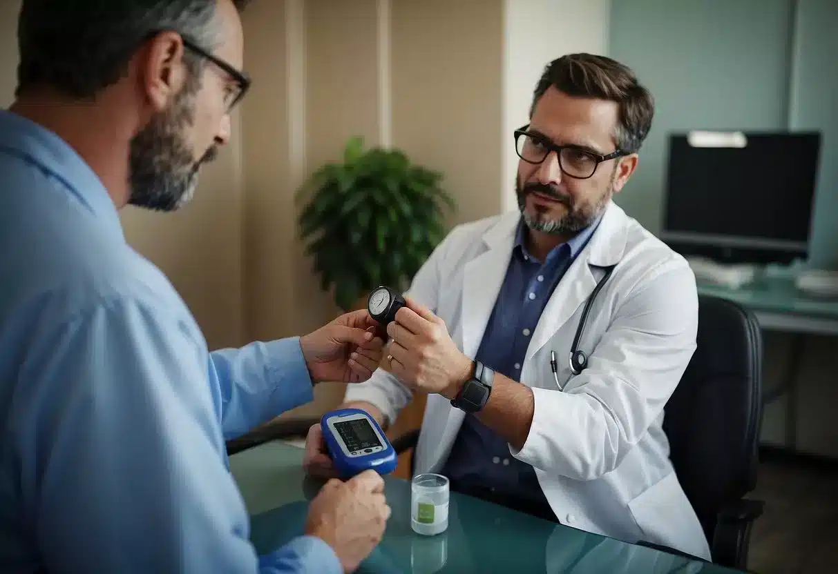 A doctor uses a stethoscope and blood pressure cuff, while a technician takes a blood sample for glucose monitoring
