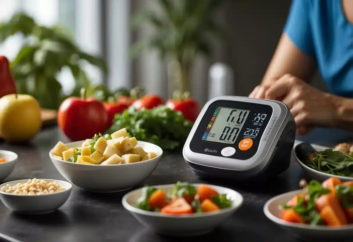 A healthy meal being prepared, surrounded by exercise equipment and a blood pressure monitor