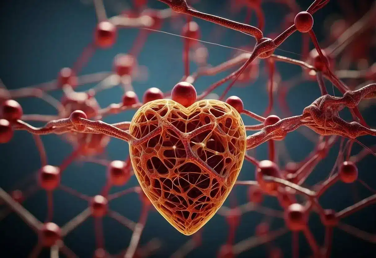 A tangled web of blood vessels and glucose molecules, intertwined with a heart struggling to pump against the burden of excess sugar