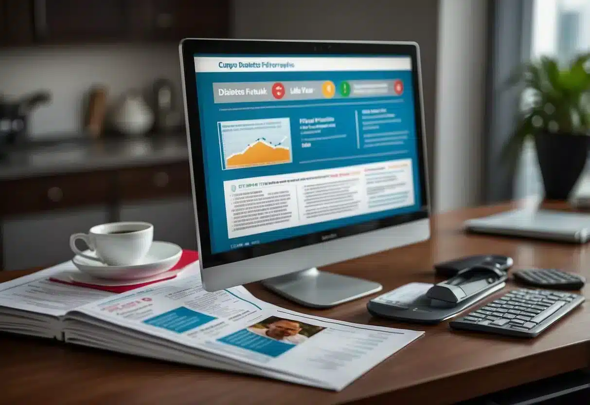 A table with pamphlets on diabetes and cardiovascular disease. A poster with educational information. A computer screen displaying resources