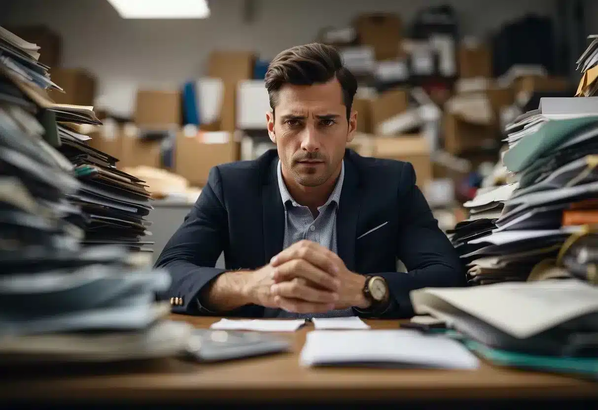 A person sitting at a desk, surrounded by clutter, with a worried expression and a hand on their chest