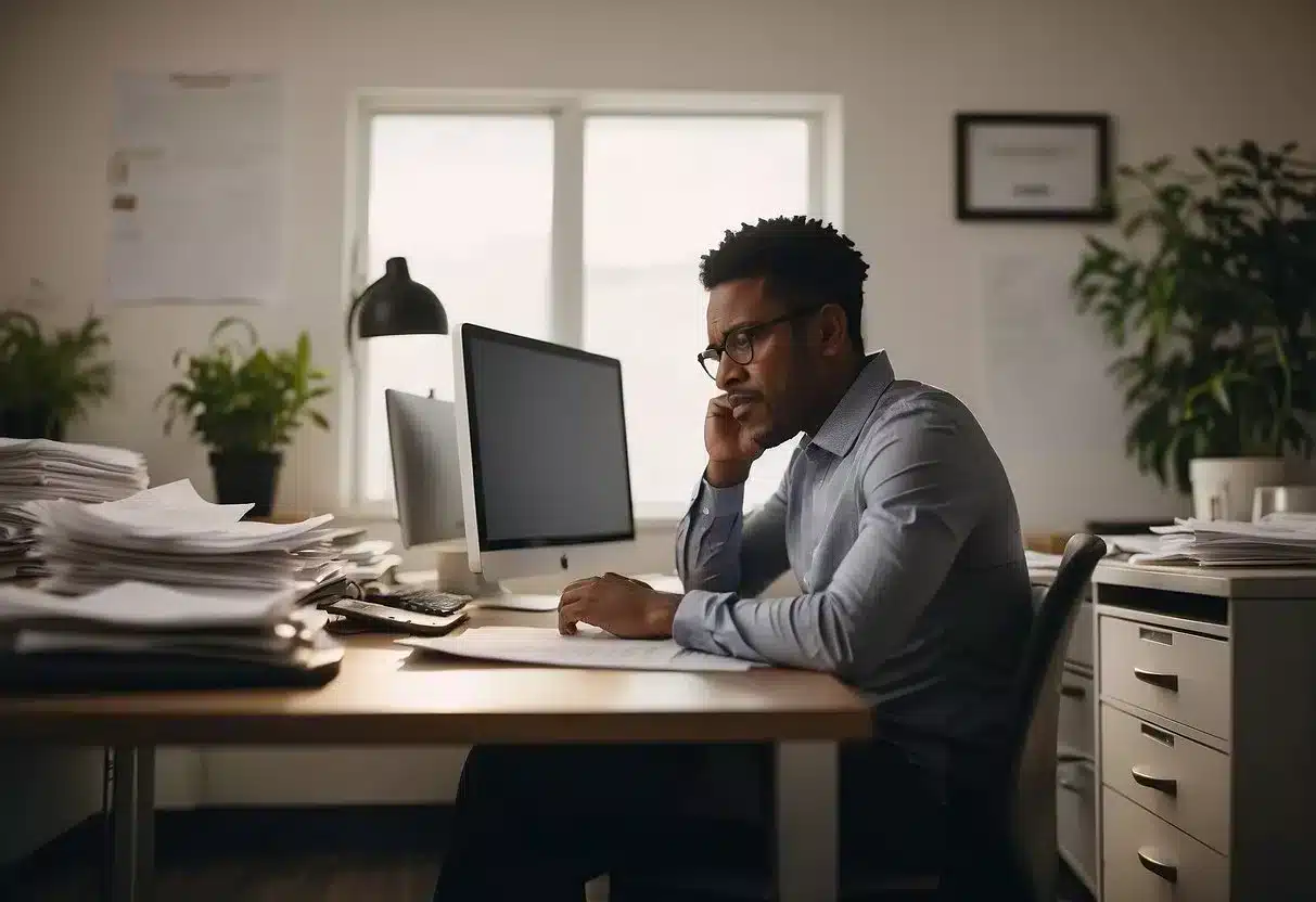 A person sits at a desk, surrounded by papers and a computer. They appear stressed and overwhelmed while reading through a list of frequently asked questions about stress and cardiovascular health