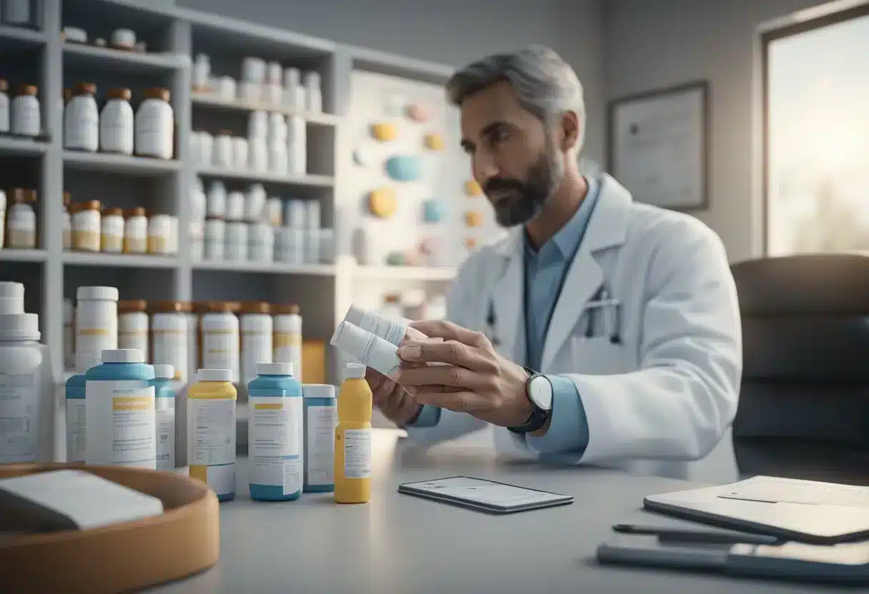 A pharmacist hands a bottle of statin medication to a patient with cardiovascular disease. The patient is sitting in a doctor's office, surrounded by medical equipment and charts