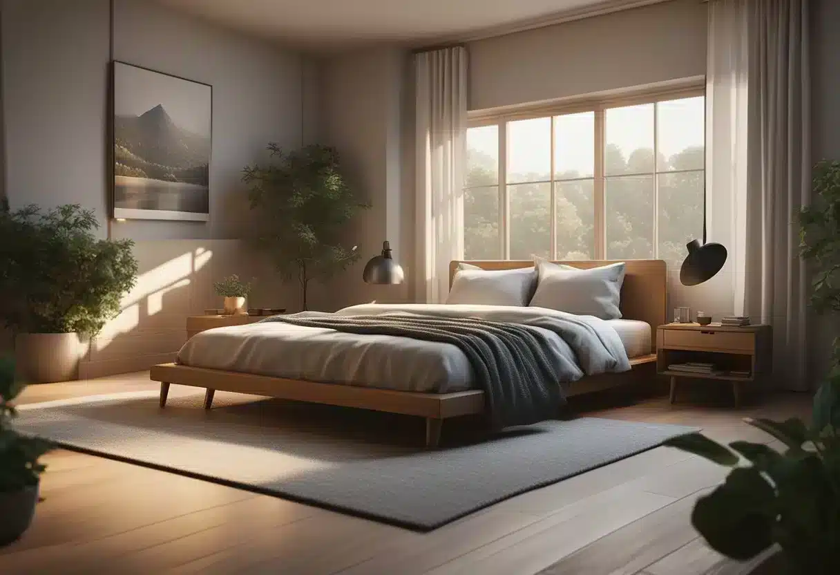 A cozy bedroom with dim lighting, a comfortable bed with soft pillows and blankets, a soothing sound machine playing gentle nature sounds, and a bedside table with a book and a warm cup of herbal tea