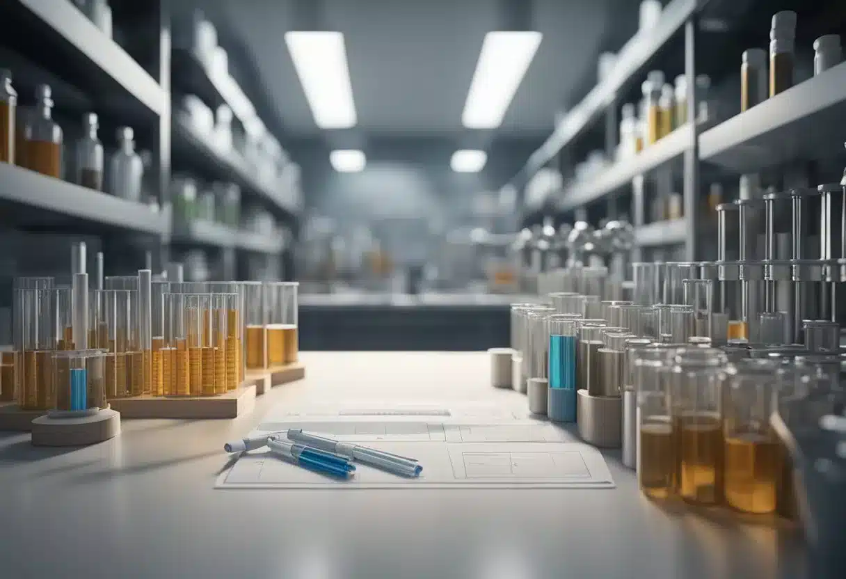 A laboratory setting with test tubes, microscopes, and research papers on statin therapy for cardiovascular disease