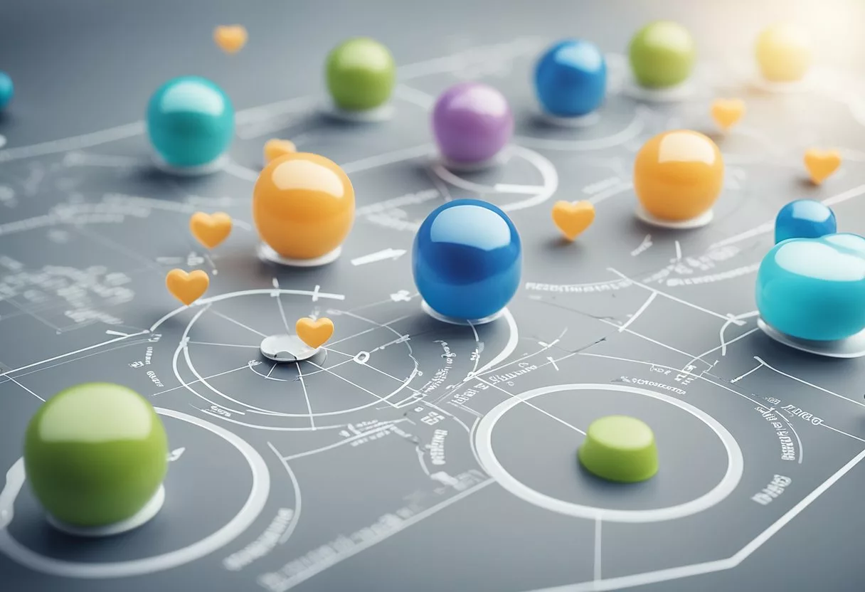 A heart-shaped diagram with semaglutide at the center, surrounded by smaller circles representing other treatment options, with arrows pointing towards semaglutide to illustrate its comparative effectiveness and positioning in cardiovascular treatment protocols