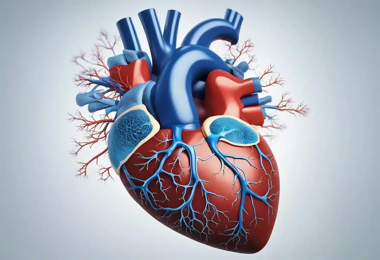 A heart-shaped diagram with arteries and veins. Semaglutide molecules flowing through vessels, reducing plaque buildup