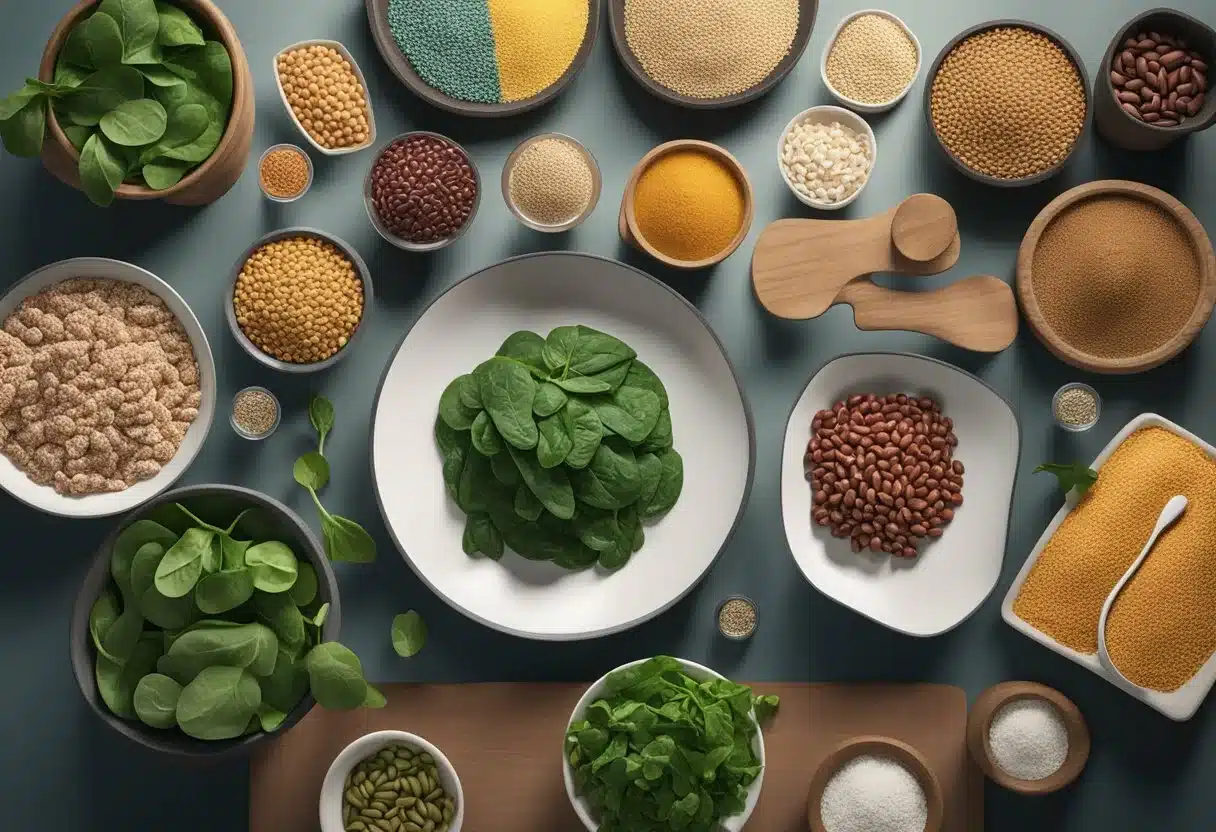A table with various iron-rich foods, such as spinach, red meat, beans, and fortified cereals, surrounded by informational posters about iron deficiency and its impact on health