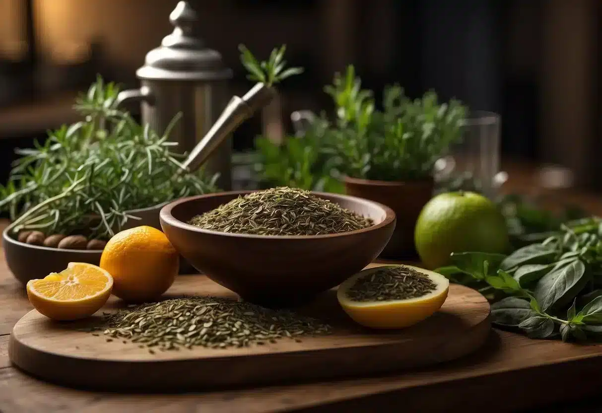 A table with various herbs, fruits, and tea leaves laid out. A mortar and pestle, cutting board, and knife are nearby for preparation