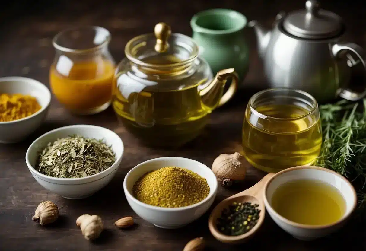 A table displaying various herbs and spices, such as green tea, ginger, and dandelion, with a teapot and cups nearby
