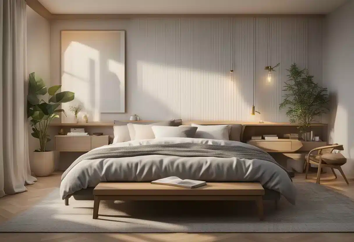 A serene bedroom with soft lighting, a cozy bed, and a nightstand with natural sleep aids and supplements displayed