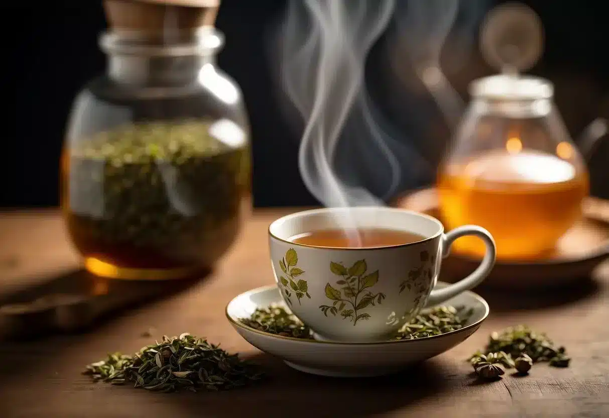 A steaming cup of tea sits next to a bottle of dosage burn supplement. The tea leaves are swirling in the hot water, releasing a fragrant aroma. The label on the supplement bottle is clearly visible