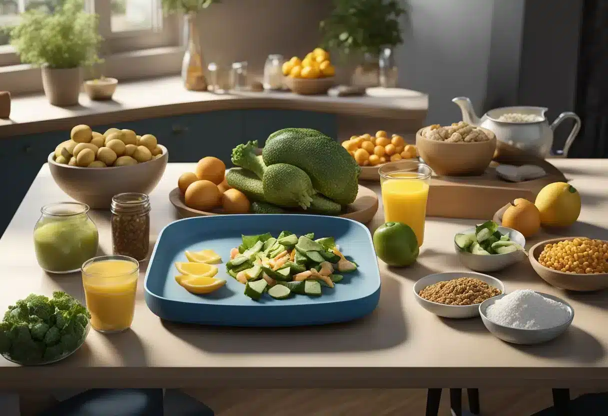 A table with a balanced mix of high and low carb foods, surrounded by exercise equipment and a scale