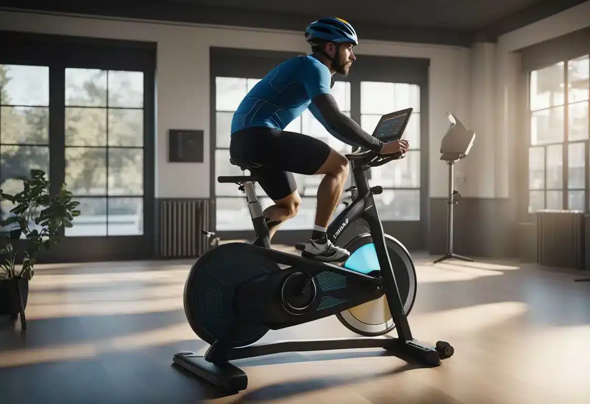 A person cycling on a stationary bike with a chart showing high and low carb days