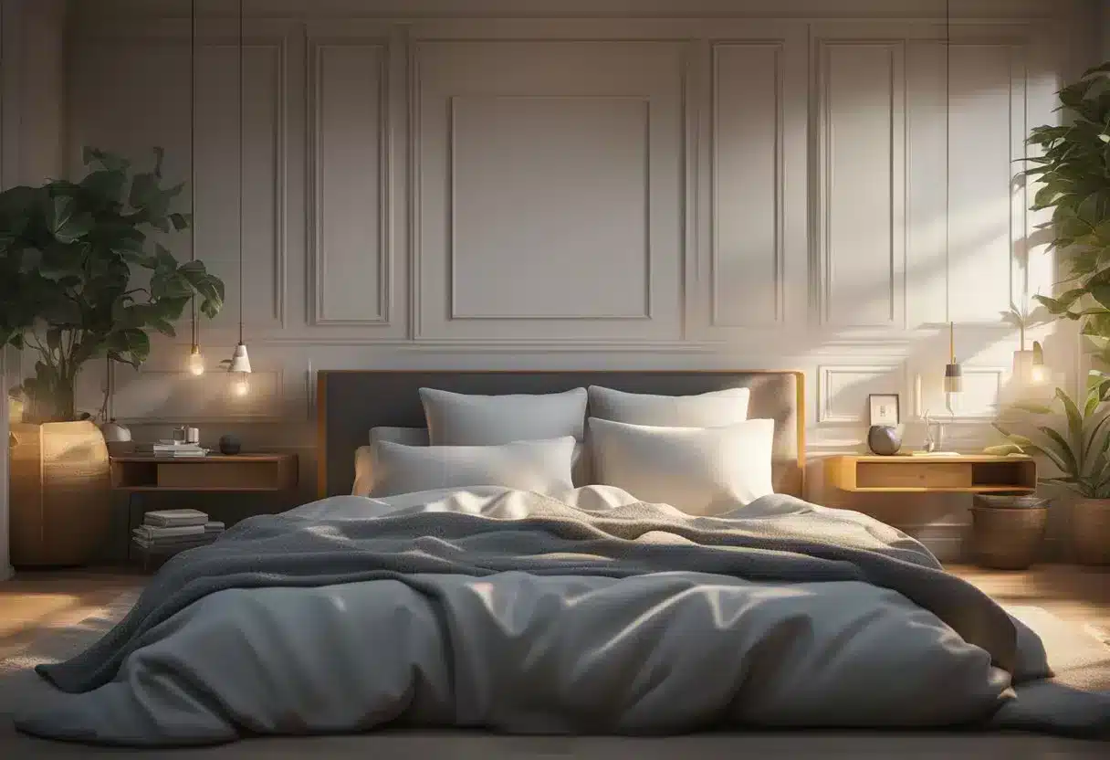 A cozy bed with soft pillows and a dimly lit room with calming music playing in the background