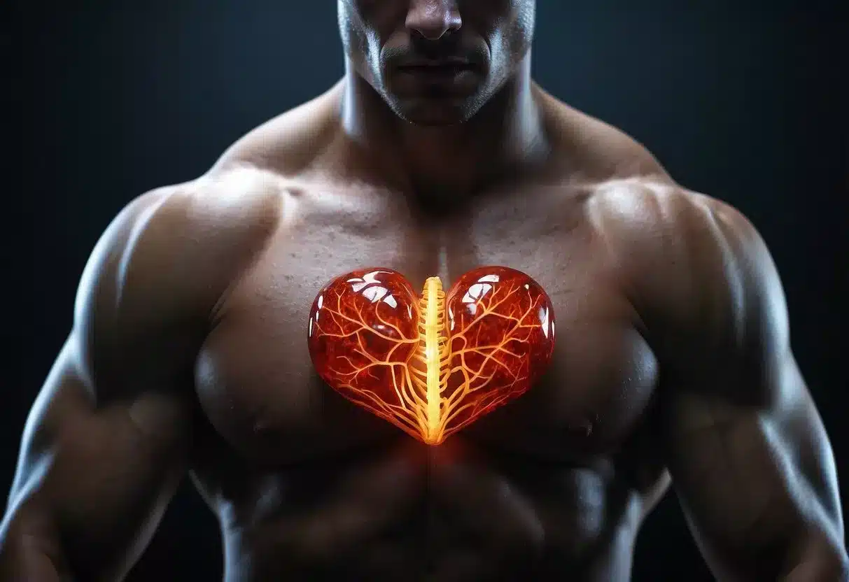 A figure breathes heavily, heart pounds, sweat drips. Muscles contract, blood pumps, lungs gasp. Energy surges, body adapts, strength builds