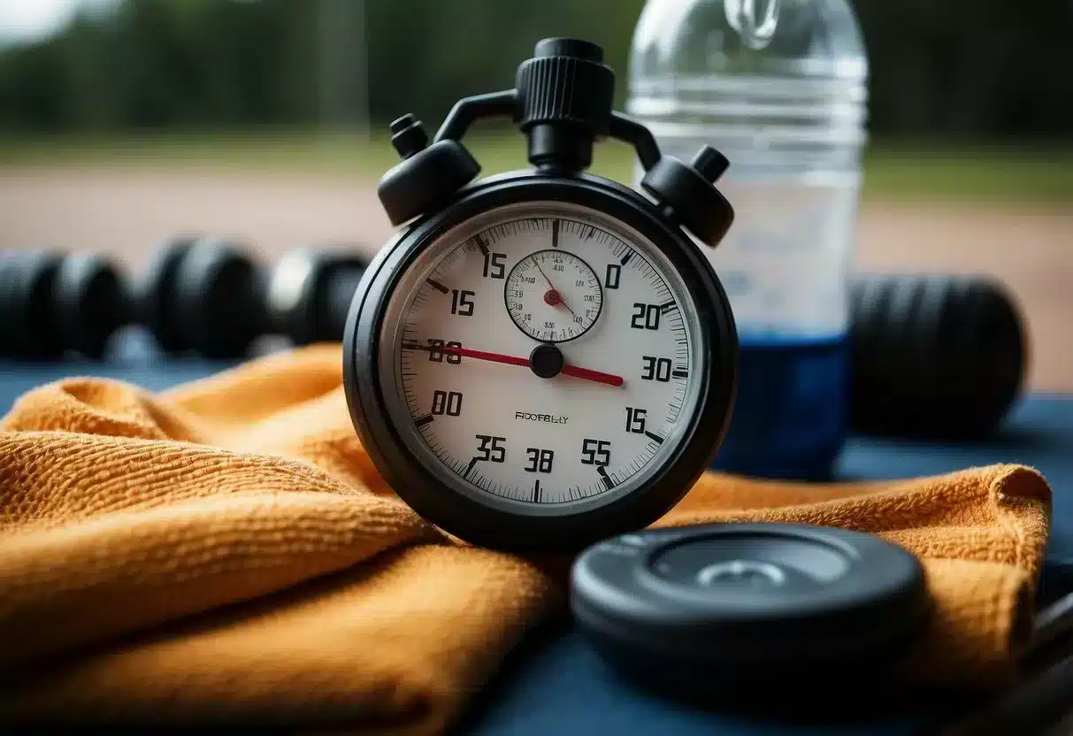 A stopwatch showing 20 seconds, a sweat-drenched towel, a water bottle, and a high-intensity exercise mat