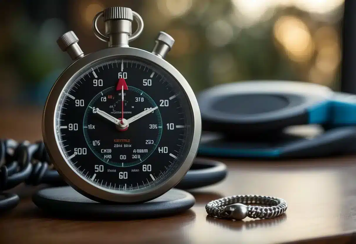 A stopwatch displays 30 seconds, while a heart rate monitor shows a spike. A treadmill incline is set high, and a kettlebell sits nearby