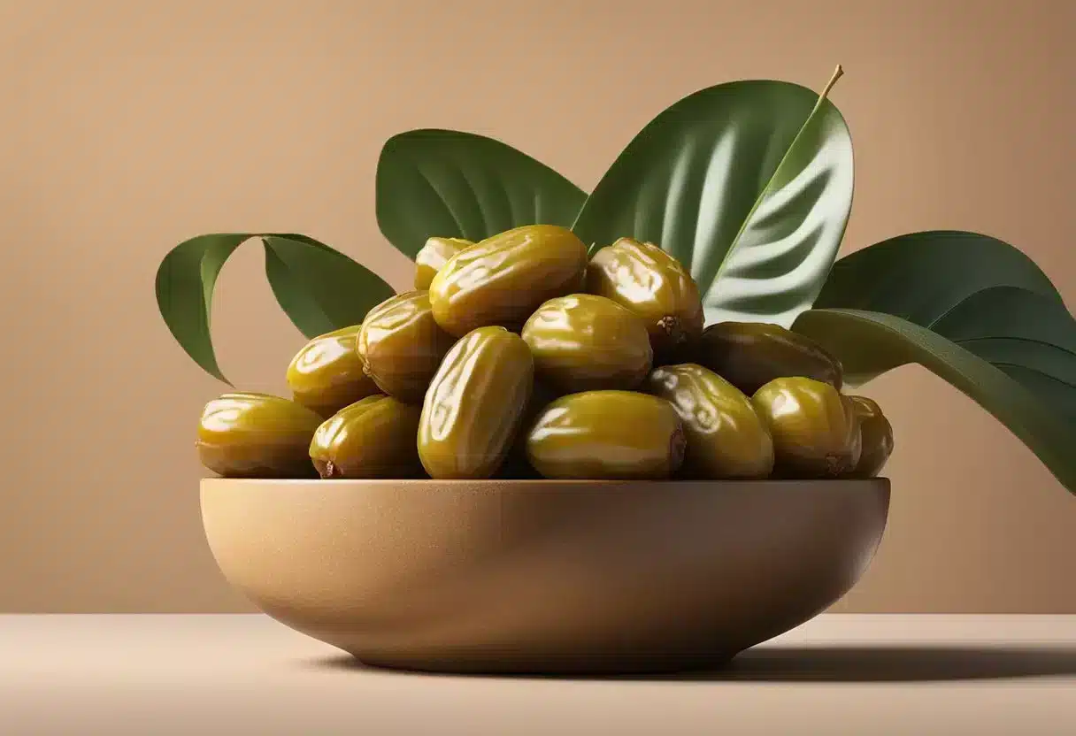 A bowl of fresh dates, surrounded by text "Frequently Asked Questions Benefits of date fruit", with a warm, inviting ambiance