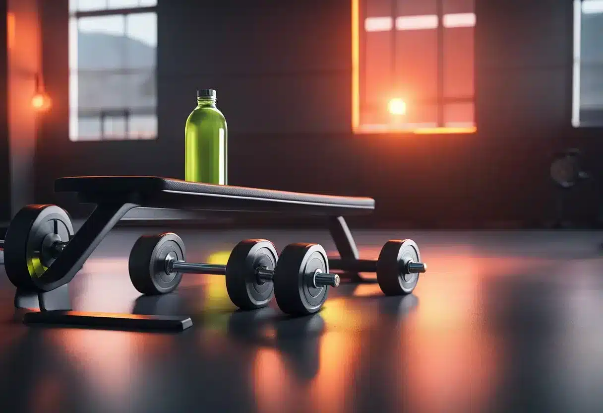 A weight bench with dumbbells, a stopwatch, and a sweating water bottle, surrounded by a red glow, depicting the afterburn effect in fitness