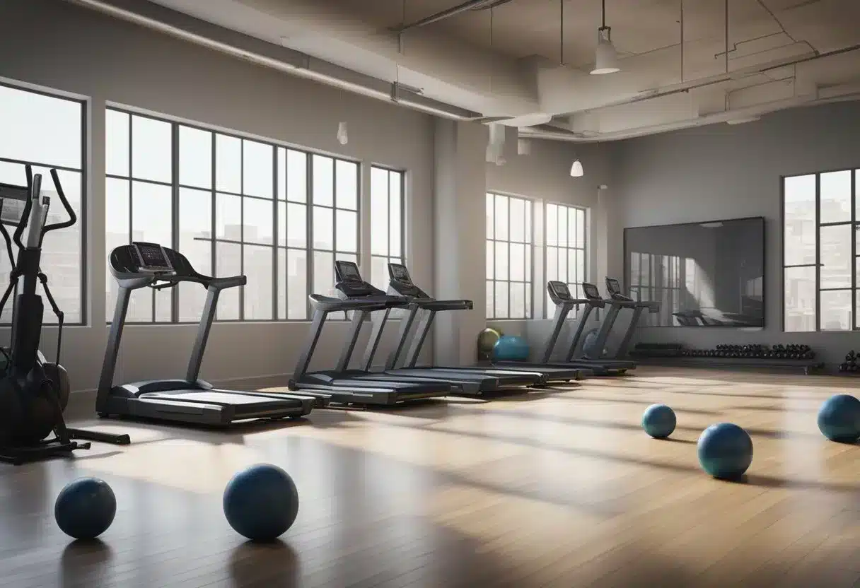 A gym with equipment, sweat on the floor, and a stopwatch showing time passing
